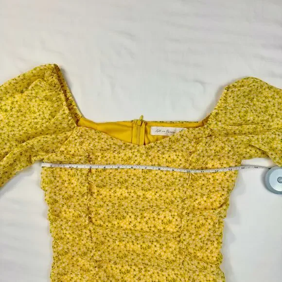 All In Favor Sasha Ruched Mini Dress Women's XS Yellow Puff Sleeve Coquette - Picture 7 of 15